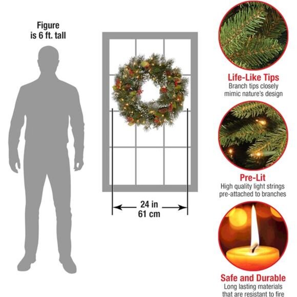 24" Pre-Lit Artificial Christmas Wreath - Green Pine, White Lights, Pine Cones - Picture 3 of 7